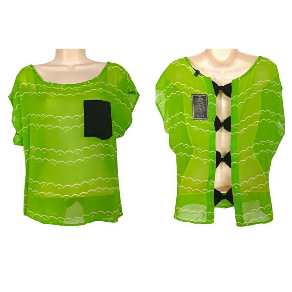 TCEC Neon Green Black Bow Short Sleeve Semi Sheer Print Top Small NWT